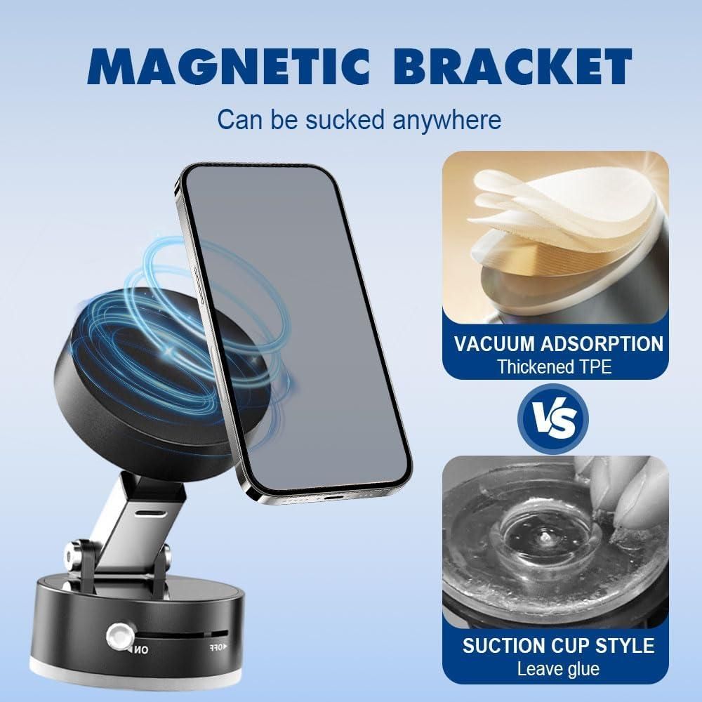 Adjustable 360°Vacuum Magnetic Phone Holder, Suction Cup Phone Mount for Magsafe, Car Gym Makeup Mirror Mount Strong Grip, Compatible for with a Metal Ring (included) for All Smartphones