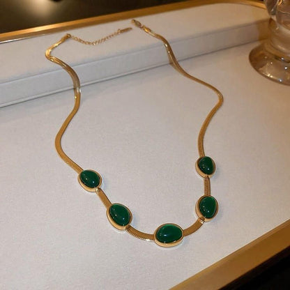 💚 Oval Green Crystal Pendant Necklace Set with Bracelet – Emerald Aura Edition