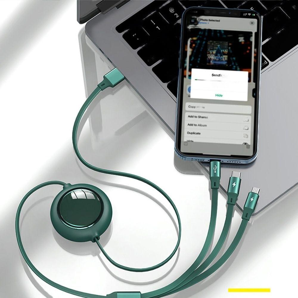 3a in 1 USB Retractable Data Cable– Fast Charging | Universal Charger compatible with iPhone, Type-C & Micro USB 🔌 Mobile Accessories / Charging Cable / Fast Charging Wire