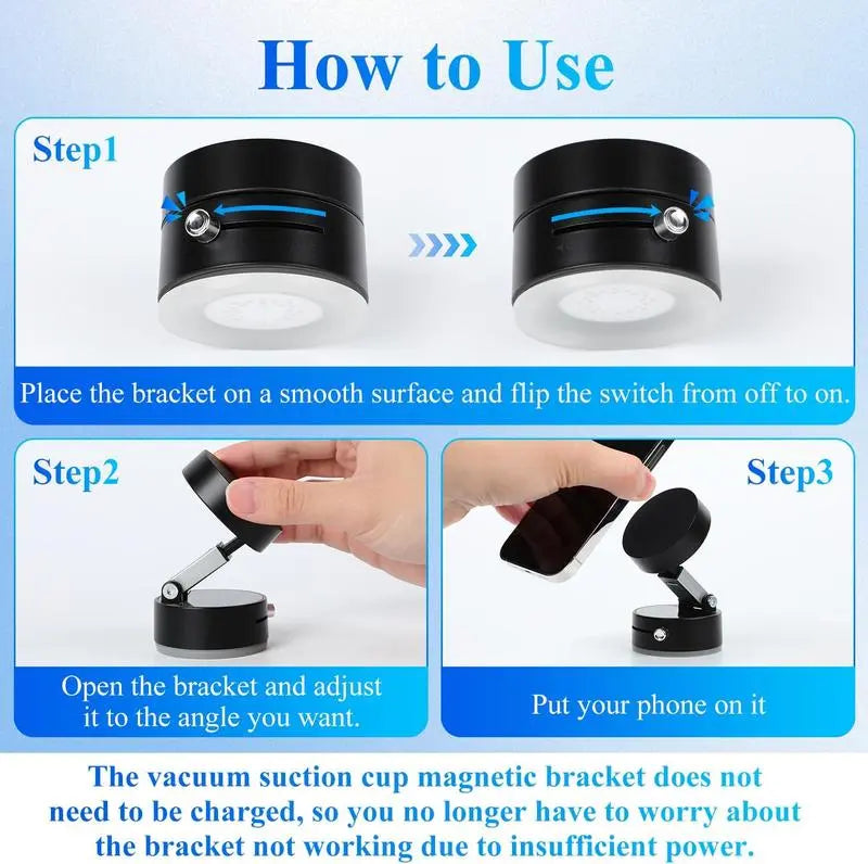 Adjustable 360°Vacuum Magnetic Phone Holder, Suction Cup Phone Mount for Magsafe, Car Gym Makeup Mirror Mount Strong Grip, Compatible for with a Metal Ring (included) for All Smartphones